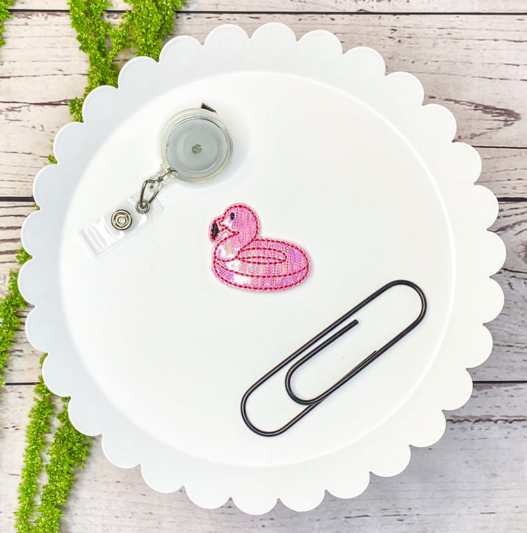 Flamingo Tube Feltie Badge Clip, Bookmark, or Magnet