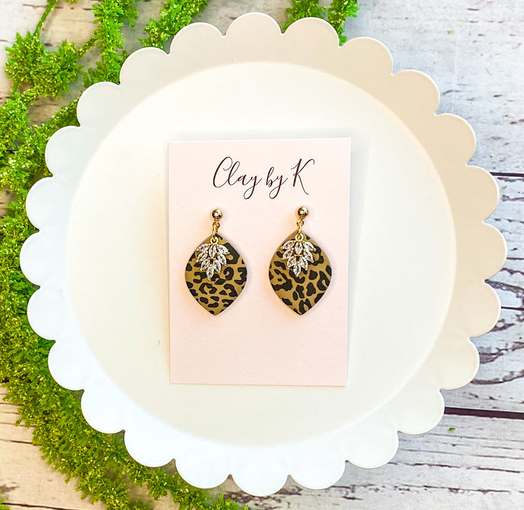 Leopard Crystal Stud Polymer Clay Earrings