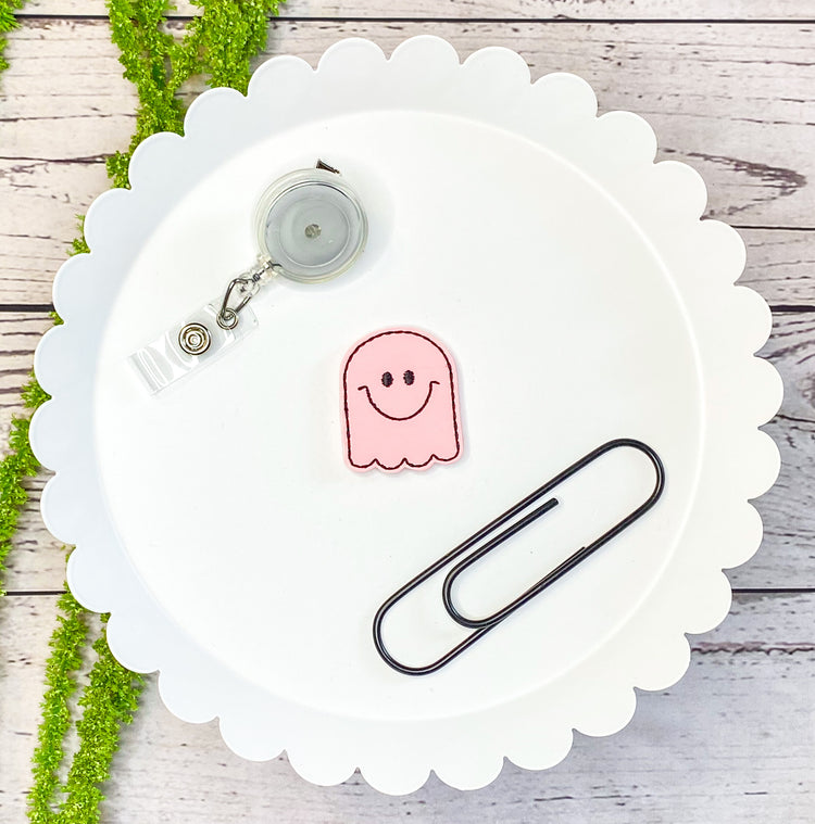 Pink Ghost Feltie Badge Clip, Bookmark, or Magnet
