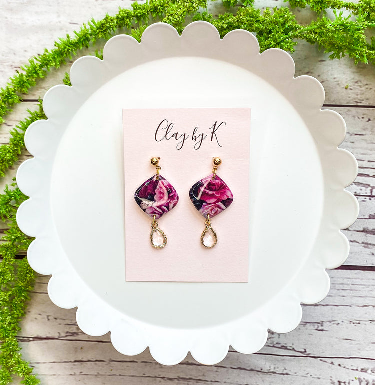 Crystal Pink Rose Polymer Clay Earrings