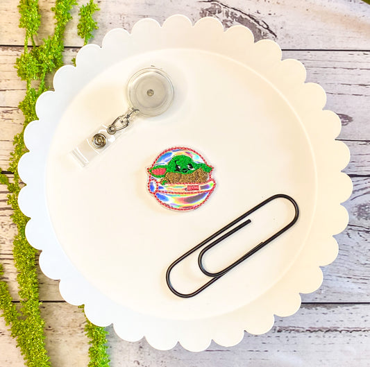 Green Alien Ship Feltie Badge Clip, Bookmark, or Magnet