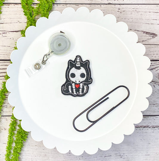 Skeleton Unicorn Feltie Badge Clip, Bookmark, or Magnet