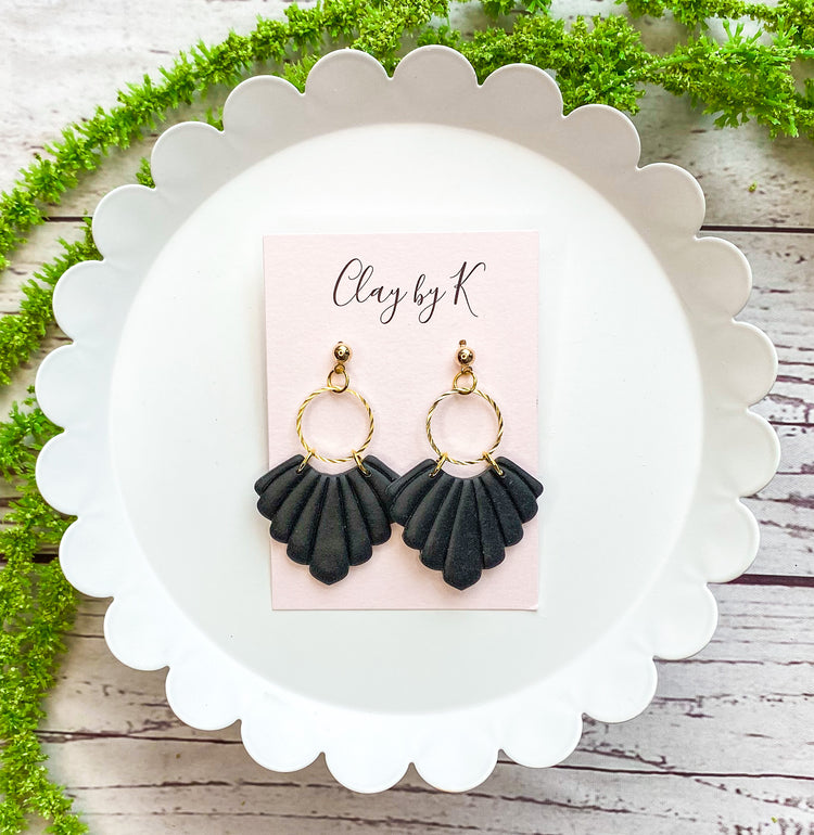 Black Scalloped Polymer Clay Earrings